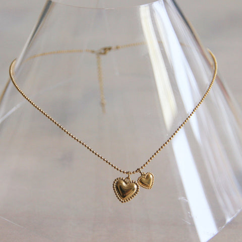 Stainless steel ballchain necklace with double heart – gold – SS217