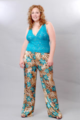 Women's Plus Size Lace Camisole with Print Charmeuse Pant, Pajama Set #2025X