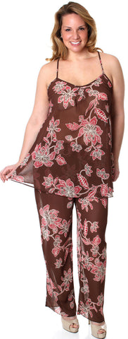 Women's Plus Size Printed Chiffon 3-Pieces Baby Doll Pajama Set #2080X