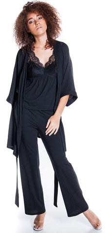 Women's Stretchy Camisole Pajama Pant + Short Robe 3 Pieces Set #21173080/X