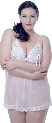 Women's Plus Size Dotted Mesh Babydoll with G-String #5215x