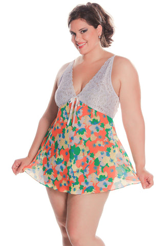 Women's Plus Size Printed Crinkle Chiffon Babydoll with G-String #5222x (1x-3x)