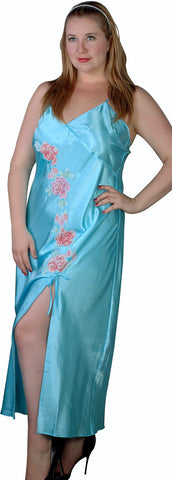 Women's Plus Size Silky Nightgown With Embroidered Flower Motifs #6040X