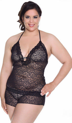 Women's Plus Size Stretch Lace Camisole Boy Short Set #7096x
