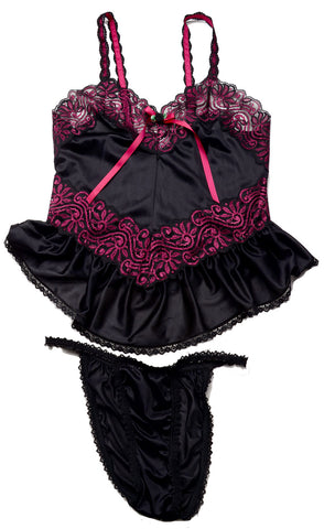 Women's Nylon Tricot Camidoll with String Bikini #SM105, Black, Size M