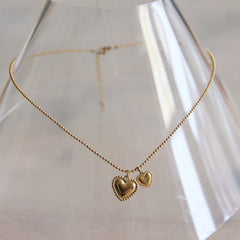 Stainless steel ballchain necklace with double heart – gold – SS217