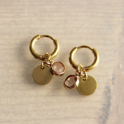Stainless steel hoop earrings with plate and crystal pendant – peach/gold – SS367