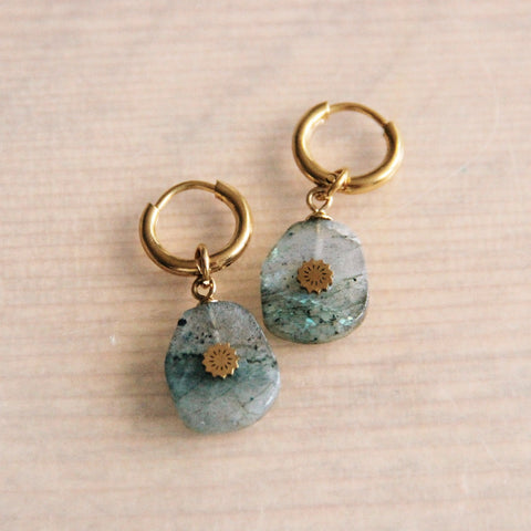 Stainless steel hoop earrings with natural stone and star – grey/gold – SS317