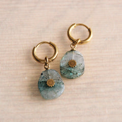 Stainless steel hoop earrings with natural stone and star – grey/gold – SS317