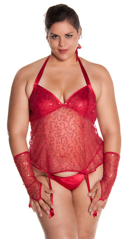 Women's Plus Size Sequined Mesh Bustier and G-String 2 Piece Set #1083X