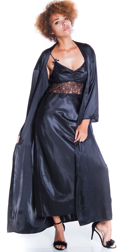 Women's Silky Nightgown With Eyelash Lace And Long Robe Set#60773049/X –  shirleymccoycouture