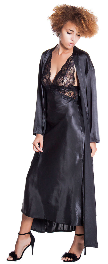 Women's Silky Nightgown With Stretch Lace And Long Robe Set
