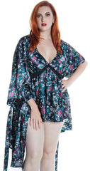 Women's Plus Size Printed Babydoll G String And Short Robe 3 Pcs Set#52193076X