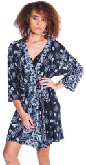 Women's Border Print Knitted Short Kimono Wrap Robe #3085/X/XX