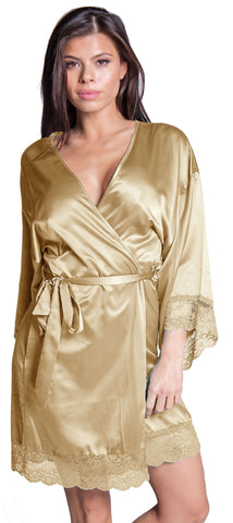 Women's Matte Satin Short Wrap Lace Robe #3094