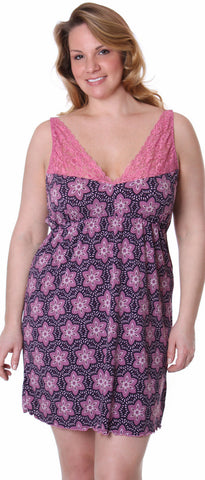 Women's Plus Size Printed Microfibre Chemise with Lace #4081 (1x-6x)