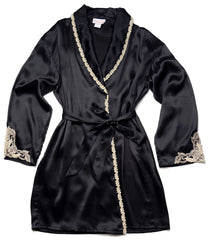 Women's Silk Charmeuse Short Robe #488CS, Black, Size M