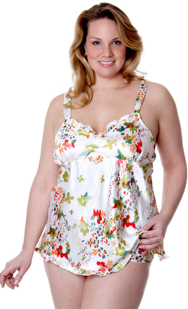 Women's Plus Size Printed Charmeuse Babydoll with Hipster Panty